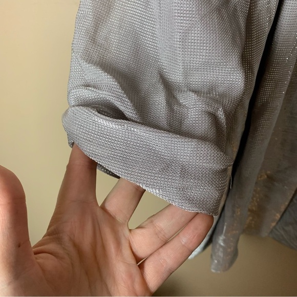 [H&M] Gray Metallic Silver Open Front 3/4 Sleeve Padded Shoulder Blazer - Picture 5 of 8